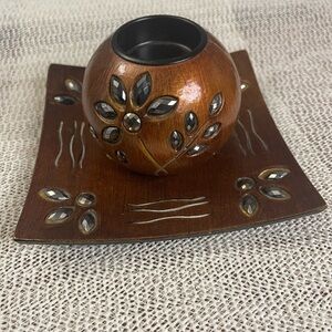 Lemon Tree Polyresin Tea Light Candle Stand with Tray Brown Color